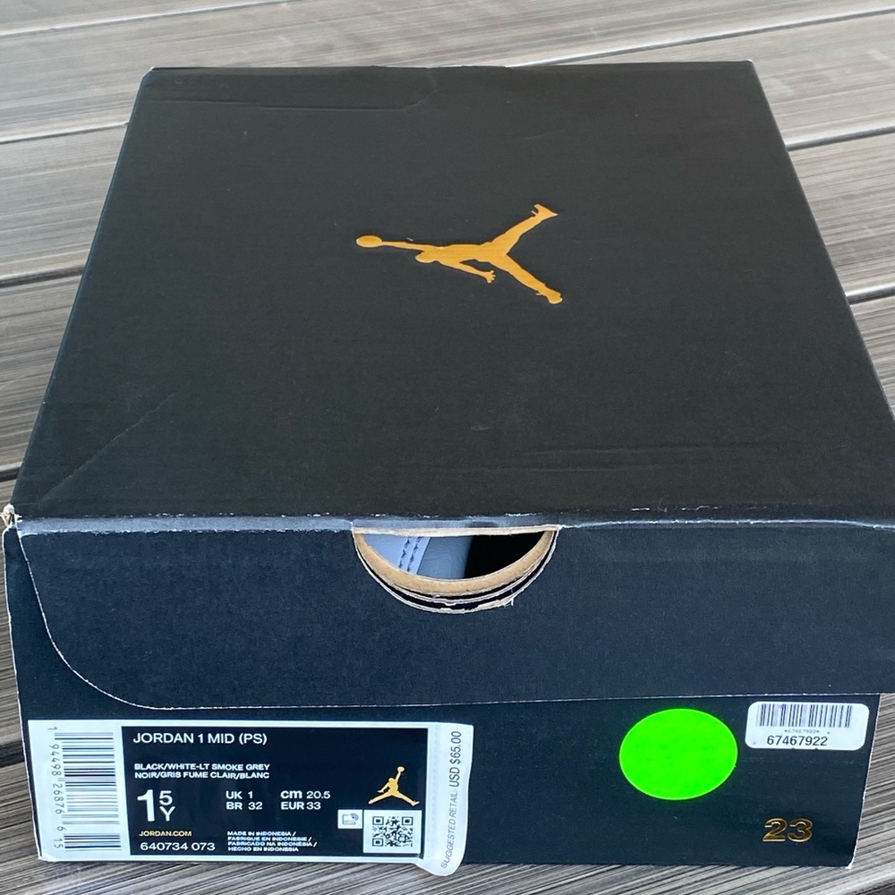 Jordan 1 Mid Black, White, and Smoke Grey size 1.5 PS